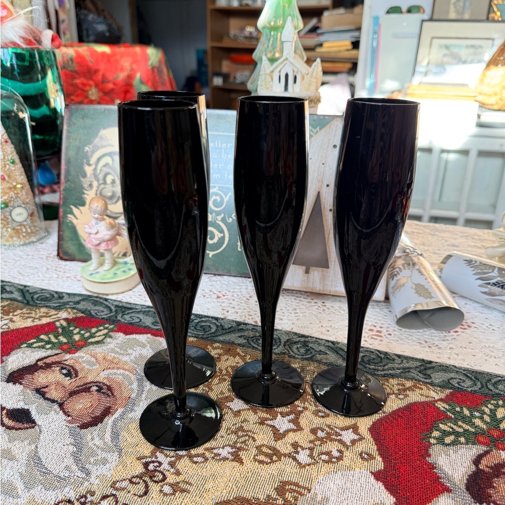 Vintage Jet Black Glass Champagne Flutes